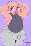 anthro armpit_focus axolaugh big_bulge black_clothing black_shirt black_tank_top black_topwear bottomwear bulge clothing domestic_pig grey_bottomwear grey_clothing grey_pants hands_behind_head hi_res male mammal pants raised_arms shirt shy snout solo suid suine sus_(pig) tagme tank_top tight_bottomwear tight_clothing topwear