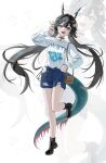  1girl :d absurdres alternate_costume ankle_boots arknights arknights:_endfield black_boots black_choker black_hair blue_eyes blue_shorts boots cellphone chain chen_qianyu_(arknights) choker clothes_writing commentary denim denim_shorts hair_ornament heemang highres horns leg_up long_hair long_sleeves looking_at_viewer open_mouth phone shirt shorts smartphone smile solo standing standing_on_one_leg star_(symbol) t-shirt tail teeth torn_clothes torn_shorts twintails upper_teeth_only v very_long_hair white_background white_shirt zoom_layer 