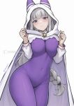  1girl absurdres animal_hood artist_name blue_pupils blunt_bangs blush bodysuit braid breasts breasts_squeezed_together chascoby cloak closed_mouth commentary covered_navel cowboy_shot elf emilia_(re:zero) grey_hair hair_ribbon highres hood hood_up hooded_cloak large_breasts long_hair long_sleeves looking_at_viewer patreon_logo patreon_username pointy_ears purple_bodysuit purple_eyes purple_ribbon re:zero_kara_hajimeru_isekai_seikatsu ribbon simple_background skin_tight solo standing very_long_hair web_address white_background white_cloak 