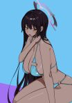  1girl absurdres bikini black_hair blue_archive blue_bikini breasts commentary_request dark-skinned_female dark_skin florida_bikini freeman_(tkuh4475) halo highres karin_(blue_archive) large_breasts long_hair sitting solo swimsuit very_long_hair yellow_eyes 