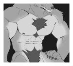 2024 5_fingers abs anthro biceps big_muscles black_background border canid chest_tuft claws countershade_arms countershade_fur countershade_legs countershade_torso countershading deltoids digital_drawing_(artwork) digital_media_(artwork) finger_claws fingers front_view fur greyscale half-length_portrait hand_on_hip hand_on_own_hip hi_res kingarthur_i male mammal monochrome mouth_closed muscular muscular_anthro muscular_male nipples nude nude_anthro nude_male pecs portrait pose simple_background snout solo torso_shot tuft whiskers white_border 