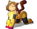 2026 absurd_res all_fours anthro arm_cannon big_breasts breasts brown_hair clothed clothing digital_media_(artwork) domestic_cat doylecoati eyewear eyewear_on_head felid feline felis female footwear gameoverse glitch_productions goggles goggles_on_head hair hi_res kit_bodega leggings legwear mammal red_eyes smile solo teeth thick_thighs whiskers