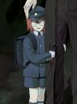  2boys aged_down backpack bag black_pants blood_on_scissors blue_gakuran blue_shorts crazy_eyes glasses gloves hand_on_another's_leg hat highres holding holding_scissors jewelry legwear_garter looking_at_viewer luther_von_ivory male_focus medium_hair multiple_boys multiple_rings opaque_glasses open_mouth orange_hair pants randal's_friends randal_ivory randoseru ring scissors shorts ssos_o19 tooth_gap white_gloves 