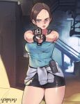  1girl aiming aiming_at_viewer artist_name black_skirt blue_eyes blue_tube_top brown_hair clothes_around_waist commentary english_commentary gun handgun highres holding holding_gun holding_weapon jill_valentine miniskirt norasuko resident_evil resident_evil_3:_nemesis short_hair skirt strapless sweater sweater_around_waist torn_clothes tube_top weapon 