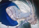  1girl antenna_hair archetype_earth arcueid_brunestud arms_at_sides bare_shoulders blonde_hair blue_skirt breasts cleavage closed_eyes detached_sleeves dress floating floating_hair gold_trim hair_between_eyes hair_intakes long_hair long_skirt sidelocks skirt solo tara3763 translation_request tsukihime very_long_hair white_dress white_sleeves 