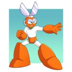  1boy aqua_background blue_eyes bodysuit border clenched_hand clenched_teeth commentary cut_man english_commentary evil_grin evil_smile fighting_stance full_body gloves grin helmet highres humanoid_robot mega_man_(classic) mega_man_(series) mega_man_1 outside_border red_gloves red_helmet robot scissors simple_background smile solo teeth toastiepumpkin two-tone_background white_background white_bodysuit white_border 