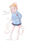  1girl absurdly_long_hair absurdres alternate_costume alternate_hairstyle anger_vein blue_archive blue_shirt blue_skirt blush commentary grey_hair hair_between_eyes halo hands_on_own_hips hat highres kei_(blue_archive) kindergarten_uniform korean_commentary long_hair meow_kim0808 no_shoes open_mouth pink_eyes pink_halo pleated_skirt school_hat shirt skirt solo thighhighs twintails very_long_hair white_thighhighs 