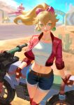  1girl blonde_hair blue_eyes bow breasts collarbone commentary denim denim_shorts earrings fingerless_gloves gloves hair_bow highres jacket jewelry knee_pads long_hair looking_at_viewer mario_(series) mario_kart mario_kart_world medium_breasts midriff motor_vehicle motorcycle navel open_clothes open_jacket open_mouth outdoors phamoz pink_bow pink_jacket ponytail princess_peach princess_peach_(touring) rally_bike_(mario_kart_world) shirt short_shorts shorts sky smile solo sphere_earrings untranslatable_commentary 