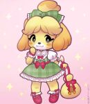  1girl absurdres animal_crossing animal_ears animal_nose body_fur bow bowtie commentary dog_ears dog_girl dog_tail dress english_commentary furry furry_female green_bow green_dress highres isabelle_(animal_crossing) lace_trim marsh_et_mallow money_bag official_alternate_costume pink_background plaid_clothes plaid_dress red_bow red_dress shiba_inu solo sparkle tail two-tone_fur white_trim yellow_blush yellow_fur 
