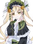  1girl black_bow black_capelet black_flower black_rose blonde_hair bonnet bow bow_flower bowtie capelet commentary_request dress flower frilled_dress frilled_sleeves frills green_bonnet green_eyes highres long_hair long_sleeves looking_at_viewer mahou_shoujo_no_majo_saiban mumesan2 pleated_capelet rose simple_background solo tono_hanna twintails white_background white_flower white_rose wide_sleeves winged_hat yellow_flower yellow_rose 