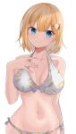  1girl absurdres bikini blonde_hair blue_eyes blush breasts breasts_apart closed_mouth collarbone commentary_request cowboy_shot front-tie_bikini_top front-tie_top hair_ornament hand_on_own_chest highres hololive hololive_english large_breasts looking_at_viewer navel print_bikini ramkilog short_hair side-tie_bikini_bottom simple_background smile solo stomach swimsuit virtual_youtuber watson_amelia white_background white_bikini 