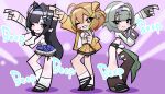  3girls absurdres animal_ears anis_(nikke) anis_(star)_(t.t._star)_(nikke) aqua_eyes black_hair black_shoes black_shorts black_socks black_thighhighs blue_eyes blue_hairband blue_skirt breasts brown_eyes brown_hair brown_jacket cat_ears commentary english_text fishnet_pantyhose fishnets goddess_of_victory:_nikke grey_hair hair_ornament hairband headset highres jacket long_hair long_sleeves medium_hair midriff mint_(nikke) multiple_girls one_eye_closed orange_skirt panty_&amp;_stocking_with_garterbelt panty_&amp;_stocking_with_garterbelt_(style) pantyhose parody prika_(nikke) shirt shoes shorts single_thighhigh skirt smile socks star-shaped_pupils star_(symbol) style_parody symbol-shaped_pupils t.t._star_(nikke) thighhighs white_hairband white_shirt white_socks yorha_oekaki 