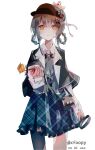  1girl artist_name asymmetrical_legwear bag bird_hat_ornament black_bag black_capelet black_hat black_thighhighs blood blood_on_hand blue_hair blue_necktie blue_skirt bow braid braided_hair_rings capelet checkered_clothes checkered_skirt closed_mouth collared_shirt deerstalker empty_eyes expressionless flower foopy frilled_skirt frills hair_bow hair_rings hat hat_ribbon highres holding holding_flower holding_magnifying_glass layered_skirt long_sleeves looking_at_viewer magnifying_glass mahou_shoujo_no_majo_saiban necktie ribbon shirt short_hair signature simple_background single_thighhigh skirt solo tachibana_sherry thighhighs watermark white_background yellow_eyes 