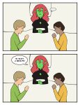 2025 absurd_res ambiguous_gender bed bed_covers bedding black_clothing black_topwear bodily_fluids bonnymama7 closed_smile clothed clothed_ambiguous clothed_human clothed_humanoid clothing comic dialogue digital_drawing_(artwork) digital_media_(artwork) ellipsis elphaba_(bonnymama7) english_text eyes_closed female_(lore) front_view furniture green_body green_clothing green_topwear group hair half-length_portrait hi_res human humanoid humanoid_pointy_ears interlocked_fingers lying lying_on_bed mammal medium_comic mouth_closed narrowed_eyes nervous nervous_sweat on_back on_bed on_side pillow pointy_ears portrait red_hair sleeping smile speech_bubble sweat sweaty_face text topwear trio yellow_clothing yellow_topwear