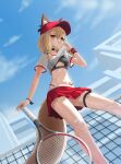  1girl absurdres animal_ears arknights arknights:_endfield black_sports_bra blonde_hair bra chagan commentary_request from_below hair_between_eyes highres holding holding_tennis_racket lingerie long_hair looking_at_viewer looking_down miniskirt navel open_mouth pleated_skirt racket red_skirt rossi_(arknights) see-through_clothes see-through_shirt shirt skirt solo sports_bra sportswear stomach tail tennis tennis_racket tennis_uniform underwear white_shirt wolf_ears wolf_girl wolf_tail yellow_eyes 