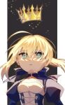  1girl absurdres ahoge aqua_eyes artoria_pendragon_(fate) black_background blonde_hair blue_bow blue_dress border bow breasts buttons cleavage_cutout clothing_cutout commentary_request criss-cross_straps crown dress eyelashes fate/stay_night fate_(series) floating_hair grey_pupils hair_between_eyes hair_bow highres huge_ahoge juliet_sleeves long_sleeves looking_at_object looking_up muryo_55555 outside_border pointed_crown puffy_sleeves saber_(fate) short_hair sidelocks simple_background small_breasts solo sparkle teeth upper_body white_border 