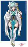  1girl aged_up alternate_breast_size_(larger) aqua_hair aqua_kimono black_sandals breasts commentary dragon_girl dragon_horns english_commentary fate/grand_order fate_(series) folding_fan full_body hand_fan hand_on_own_hip highres holding holding_fan horns japanese_clothes kimono kiyohime_(fate) kiyohime_(second_ascension)_(fate) large_breasts mature_eyes mature_female pelvic_curtain romulproduce sandals signature solo thighhighs twitter_username white_thighhighs wide_sleeves yellow_eyes 