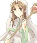  1girl breasts brown_eyes brown_hair circlet closed_mouth commentary_request elen_(fire_emblem) fire_emblem fire_emblem:_the_binding_blade green_trim hand_up high_collar long_hair lowres medium_breasts nun_headdress priestess serina_ranshi simple_background solo staff upper_body white_background 