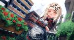  1girl absurdres apron blonde_hair city commentary flower from_below gakuen_idolmaster hair_ornament highres idolmaster long_hair long_sleeves looking_at_viewer maid_apron orange_eyes outdoors plant rose shinosawa_hiro skirt smile solo striped_sleeves user_apeg8484 