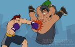  2boys aran_ryan armpit_hair ball_busting bara bdsm black_hair bondage bound boxing_gloves cbt clenched_teeth closed_eyes commentary_request foreskin headingsouthart little_mac male_focus multiple_boys nipples nude pectorals penis punch-out!! punching punching_bag restrained short_hair teeth testicles toned toned_male watermark web_address 