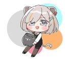  1girl animal_ears black_pantyhose black_vest blush chibi chibi_only commentary_request creature fang full_body grey_hair highres holding holding_creature hololive lion_ears lion_girl lion_tail looking_at_viewer multicolored_hair office_lady open_mouth pantyhose shirt shishiro_botan shishiro_botan_(button-down) simple_background skin_fang solo ssrb_(shishiro_botan) streaked_hair suzunami_illust tail vest virtual_youtuber white_shirt 