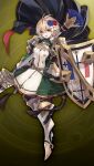  1girl a-line_dress armor armored_boots black_cape blonde_hair blue_eyes blue_flower blue_rose boots buttons cape dress flower full_body game_asset green_dress grimms_notes hair_flower hair_ornament holding holding_polearm holding_shield holding_weapon hosato_mikine jeanne_d'arc_(grimms_notes) jeanne_d'arc_(repage)_(grimms_notes) non-web_source official_art open_mouth polearm red_flower red_rose rose saint_chevalier_(grimms_notes) shield short_hair shoulder_pads solo weapon yellow_background 