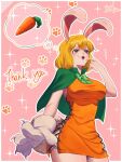 1girl blonde_hair bob_cut breasts brown_eyes capelet carrot carrot_(one_piece) commentary_request cowboy_shot cross-laced_clothes cross-laced_dress dress eyelashes green_capelet highres one_piece orange_dress pink_background rabbit_girl saliva signature smile solo sparkle thank_you yorumesi_j 
