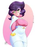  1girl big_hair breasts buho01 capelet commentary english_commentary glasses green_eyes high-waist_skirt large_breasts long_sleeves mature_female medium_skirt pencil_skirt pink-framed_eyewear pink_sweater pokemon pokemon_sun_and_moon purple_hair ribbed_sweater short_hair skirt smile solo sweater turtleneck turtleneck_sweater white_capelet white_skirt wicke_(pokemon) 