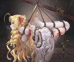  1girl absurdres ahoge arms_behind_back bdsm blonde_hair blue_eyes blush bondage bound bound_ankles bound_arms bound_legs bound_thighs bound_torso bound_wrists breast_bondage breasts chuck_(harfmoondark) commentary_request crying crying_with_eyes_open dress drill_hair egg_vibrator from_side gun handgun highres hogtie lily_(shinnazuki) long_hair medium_breasts no_shoes open_mouth red_ribbon restrained ribbon rifle rope second-party_source sex_toy shibari shibari_over_clothes shinnazuki skindentation soles solo suspension tears thighhighs twin_drills variant_set very_long_hair vibrator weapon white_dress white_thighhighs 