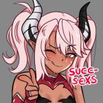  1girl asymmetrical_horns breasts chloe_von_einzbern cocked_eyebrow commentary dark-skinned_female dark_skin demon_horns english_commentary fate/kaleid_liner_prisma_illya fate_(series) grey_background horns lowres mismatched_horns pink_eyes pink_hair pointing pointing_at_viewer pointy_ears portrait raised_eyebrow romulproduce shiny_skin small_breasts smile solo sweat turtleneck twintails 