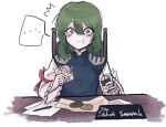  ... 1girl bangs blush character_name cup d_ink0 doughnut eating epaulettes food green_eyes green_hair highres holding holding_cup holding_food korean_commentary long_sleeves looking_at_viewer paper pen shiki_eiki short_hair simple_background solo spoken_ellipsis touhou upper_body white_background 
