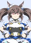  1girl animal_ears apron breasts brown_hair closed_mouth dress hair_between_eyes hands_on_own_hips hat highres hishi_akebono_(buono_alla_moda)_(umamusume) hishi_akebono_(umamusume) horse_ears horse_girl large_breasts long_hair looking_at_viewer mini_hat puffy_sleeves red_eyes short_sleeves simple_background smile solo striped_clothes striped_dress twintails umamusume waist_apron white_apron white_wrist_cuffs wrist_cuffs zukki_(bijitaru) 