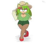 anthro big_breasts bingbingo blue_eyes breasts clothing colored_nails eulipotyphlan fan_character female footwear gloves green_body green_clothing handwear hat headgear headwear hedgehog hi_res high_heels mammal nails narrowed_eyes sega shoes smile solo sonic_the_hedgehog_(series) tan_body watermark