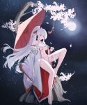  1girl absurdres alternate_costume barefoot blush breasts cherry_blossoms chest_sarashi commentary_request falling_petals feet full_body full_moon fundoshi hair_ribbon highres hiyuki_(wuthering_waves) holding holding_umbrella japanese_clothes kimono knee_up large_breasts legs long_hair long_sleeves looking_at_viewer loose_bandages moon multi-source_commentary nail_polish navel oil-paper_umbrella open_clothes open_kimono parted_lips petals pink_petals ponytail red_eyes red_ribbon red_umbrella ribbon rokushaku_fundoshi sarashi solo stomach toenail_polish toenails toes tree umbrella white_hair white_kimono wide_sleeves wuthering_waves yt9676 