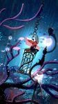  1girl arthropod_girl black_skin bug cage chain cloak colored_skin coral firefly full_body holding holding_weapon hollow_knight hollow_knight:_silksong horned_mask hornet_(hollow_knight) katatsumuririri mask needle_(hollow_knight) rain red_cloak sitting spinebeak_kai_(hollow_knight) weapon white_mask 