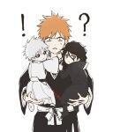  !? 1boy aged_down black_hair black_sclera bleach blue_eyes carrying child_carry closed_mouth colored_sclera commentary_request hair_between_eyes highres hollow_ichigo konetaa kurosaki_ichigo looking_at_viewer male_focus orange_hair shihakusho short_hair simple_background surprised tensa_zangetsu toddler triangle_mouth white_background yellow_eyes zangetsu_(bleach) 