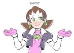  1girl averting_eyes black_jacket blush brown_hair closed_mouth cropped_jacket earrings facing_viewer food_print gloves green_eyes hairband hands_up high_collar jacket jewelry mega_man_(series) mega_man_legends_(series) mushroom_earrings mushroom_print nervous_sweating pink_gloves pink_hairband pink_shirt print_shirt puffy_short_sleeves puffy_sleeves raised_inner_eyebrows senatorwong shirt short_sleeves shrugging simple_background solo sweat tron_bonne_(mega_man) upper_body vinesauce vineshroom wavy_mouth white_background 
