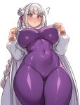  1girl absurdres ass_visible_through_thighs blue_pupils blunt_bangs blush bodysuit braid breasts cloak closed_mouth commentary covered_navel covered_nipples crown_braid elf emilia_(re:zero) english_commentary flower flying_sweatdrops grey_hair hair_flower hair_ornament hair_ribbon highres hood hooded_cloak large_breasts long_hair long_sleeves looking_at_viewer paid_reward_available pointy_ears pout purple_bodysuit purple_eyes purple_ribbon re:zero_kara_hajimeru_isekai_seikatsu reus_(cetta) ribbon simple_background skin_tight solo standing thigh_gap very_long_hair white_background white_cloak 