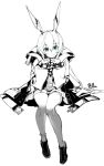  1girl amiya_(arknights) animal_ears anklet arknights blue_eyes closed_mouth commentary full_body greyscale hair_between_eyes highres invisible_chair jewelry light_smile long_hair looking_at_viewer monochrome multiple_rings own_hands_together ring shio_sakana shoes simple_background sitting solo spot_color white_background 