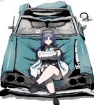  100kg_(meme) 1boy 1girl anger_vein blue_archive car closed_eyes commentary convertible crossed_arms crossed_legs crying doodle_sensei_(blue_archive) fat_joke ford ford_galaxie_500 halo highres jacket kai_xin meme motor_vehicle necktie purple_hair sensei_(blue_archive) shoes spoken_anger_vein untranslatable_commentary white_background wreckage yuuka_(blue_archive) 