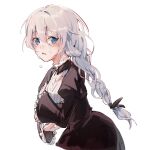  1girl black_dress blue_eyes braid braided_ponytail commentary_request crying crying_with_eyes_open dress honkai_(series) honkai_impact_3rd humidifier_xd kallen_kaslana long_hair long_sleeves looking_at_viewer nun open_mouth solo tears white_background white_hair 