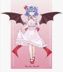  1girl absurdres back_bow bat_wings blue_hair bow brooch character_name closed_mouth commentary fang fang_out frilled_skirt frilled_wrist_cuffs frills full_body gradient_background hat hat_ribbon highres holding_own_skirt jewelry looking_at_viewer mary_janes medium_hair mob_cap pink_hat pink_shirt pink_skirt pointy_ears puffy_short_sleeves puffy_sleeves red_background red_bow red_eyes red_shoes red_wrist_cuffs remilia_scarlet ribbon ribbon-trimmed_skirt ribbon_trim shirt shoes short_sleeves skirt skirt_set smile solo touhou wings wrist_cuffs zheng_(pixiv_101593236) 