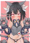  1girl absurdres anger_vein animal_ears animal_hands bare_shoulders bell black_hair blue_ribbon blush breasts brown_eyes cat_ears cat_tail commentary doroogaki english_text fate/kaleid_liner_prisma_illya fate_(series) feather_hair_ornament feathers gloves grey_gloves grey_vest groin hair_ornament hairclip highres jingle_bell long_hair looking_at_viewer miyu_edelfelt miyu_edelfelt_(beast_style) navel paw_gloves paw_shoes ribbon sidelocks small_breasts solo tail twintails vest 