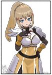  1girl armor artist_name black_bodysuit blonde_hair blue_eyes bodysuit boobplate border braid braided_base commentary_request cowboy_shot darkness_(konosuba) dress fuyudori_yukino hair_ornament hand_on_own_chest hand_on_own_hip high_ponytail highres kono_subarashii_sekai_ni_shukufuku_wo! looking_at_viewer parted_lips pauldrons ponytail ponytail_with_braided_base raised_eyebrows red_ribbon ribbon sash shoulder_armor simple_background single_pauldron solo sweatdrop twitter_username waist_sash white_background wrist_guards x_hair_ornament yellow_dress 