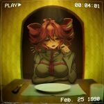  1girl :3 ahoge arm_rest arm_under_breasts backrooms_(2026_film) backrooms_(creepypasta) black_bow blurry blurry_foreground bow brain_rot_(synthesizer_v) breasts brown_jacket commentary doorway drill_hair elbow_rest english_commentary english_text gumitetoyuri hair_bow high_collar indoors jacket kasane_teto kasane_teto_(sv) large_breasts long_sleeves looking_at_viewer multicolored_hair open_mouth plate red_eyes red_hair scene_reference short_hair sidelocks solo streaked_hair synthesizer_v table timestamp twin_drills utau vhs_artifacts wallpaper_(object) white_streaks 