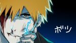  1boy 1other bleach blood blood_on_face brown_eyes commentary_request fingernails hand_on_another's_chin konetaa kurosaki_ichigo looking_at_viewer male_focus nosebleed one_eye_closed orange_hair shihakusho short_hair solo_focus spiked_hair translation_request 