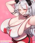  1girl alternate_breast_size_(larger) arm_behind_head arm_strap armpits arms_up azur_lane bare_arms bare_shoulders black_choker black_ribbon blush breasts bright_pupils choker cleavage collarbone commentary_request commission cowboy_shot crop_top cross-laced_clothes cross-laced_top fanbox_username grey_hair half-closed_eyes headgear heavy_breathing highres huge_breasts long_hair looking_at_viewer midriff multicolored_hair official_alternate_costume paid_reward_available parted_bangs parted_lips patreon_username pink_background pixiv_commission prinz_eugen_(azur_lane) prinz_eugen_(brilliant_touchdown)_(azur_lane) raised_eyebrows reaching reaching_towards_viewer red_shorts red_streaks ribbon ribbon_choker rikuguma ring_light_reflection shirt short_shorts shorts sideboob simple_background smile solo standing steaming_body streaked_hair striped_clothes striped_shorts sweat tank_top teeth twitter_username two_side_up upper_teeth_only variant_set very_long_hair wet wet_clothes wet_shirt white_pupils white_tank_top yellow_eyes 
