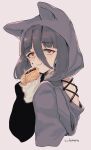  1girl animal_ears artist_name bangs black_hair blush chamame closed_mouth commentary_request cross-laced_clothes crumbs fake_animal_ears food food_on_face from_side hair_between_eyes half-closed_eyes hand_up happy highres holding holding_food hood hood_up hooded_shirt long_hair long_sleeves looking_back partial_commentary purple_background purple_shirt purple_theme red_eyes shirt sidelocks signature simple_background smile solo taiyaki upper_body wagashi yamada_tae zombie_land_saga 