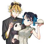  1boy 1girl animal_ear_hairband animal_ears black_hair blonde_hair blue_eyes breasts brown_hair chinese_clothes closed_mouth commentary_request dumpling fake_animal_ears food green_eyes hagiwara_daisuke hair_between_eyes hair_up hairband hand_up hiroi_shouya holding holding_stuffed_toy koi_to_yobu_ni_wa_sasayaka_desu_ga long_bangs looking_at_another mandarin_collar multicolored_hair panda_ears sayama_umi simple_background smile stuffed_animal stuffed_panda stuffed_toy two-tone_hair upper_body watermark white_background 