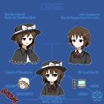  4girls asymmetrical_hair black_capelet black_hat black_jacket black_shirt blonde_hair bow brown_eyes brown_hair capelet character_name closed_mouth collared_capelet collared_shirt commentary crossover english_text fusion galm_x_lmr_(ryonasa) gap_(touhou) hair_ornament hat hat_bow highres iwakura_lain jacket maribel_hearn mob_cap multiple_girls neck_ribbon open_mouth red_bow red_ribbon ribbon ribbon-trimmed_capelet ribbon_trim serial_experiments_lain shirt single_sidelock smile touhou usami_renko white_bow white_hat white_shirt x_hair_ornament |_| 